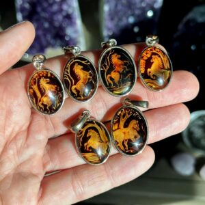 Hand carved amber horse pendant .925 Sterling Silver, horse necklace