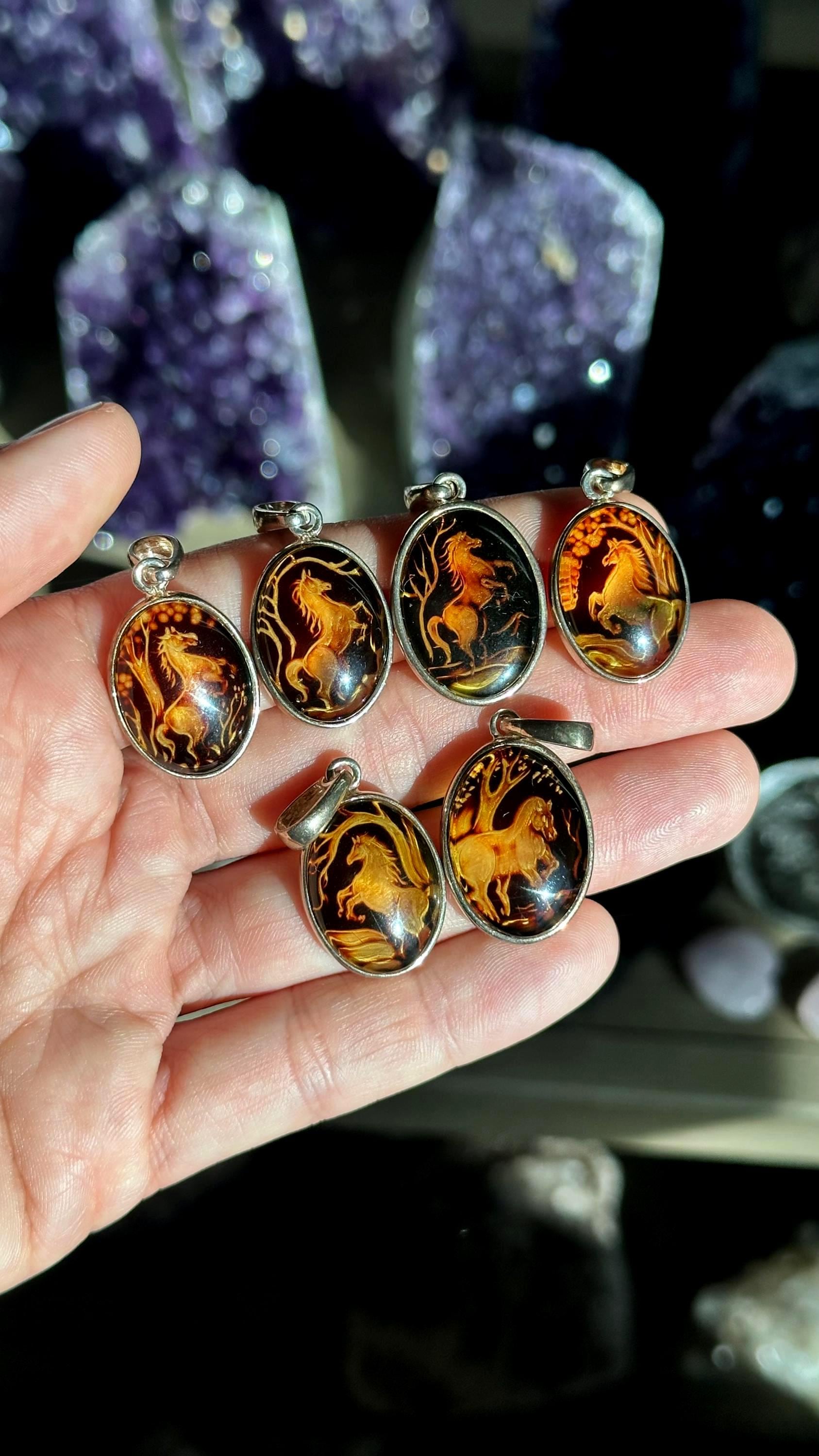 Hand Carved Amber Horse Pendant .925 Sterling Silver, Horse Necklace Hand Carved Amber Horse Pendant .925 Sterling Silver, Horse Necklace