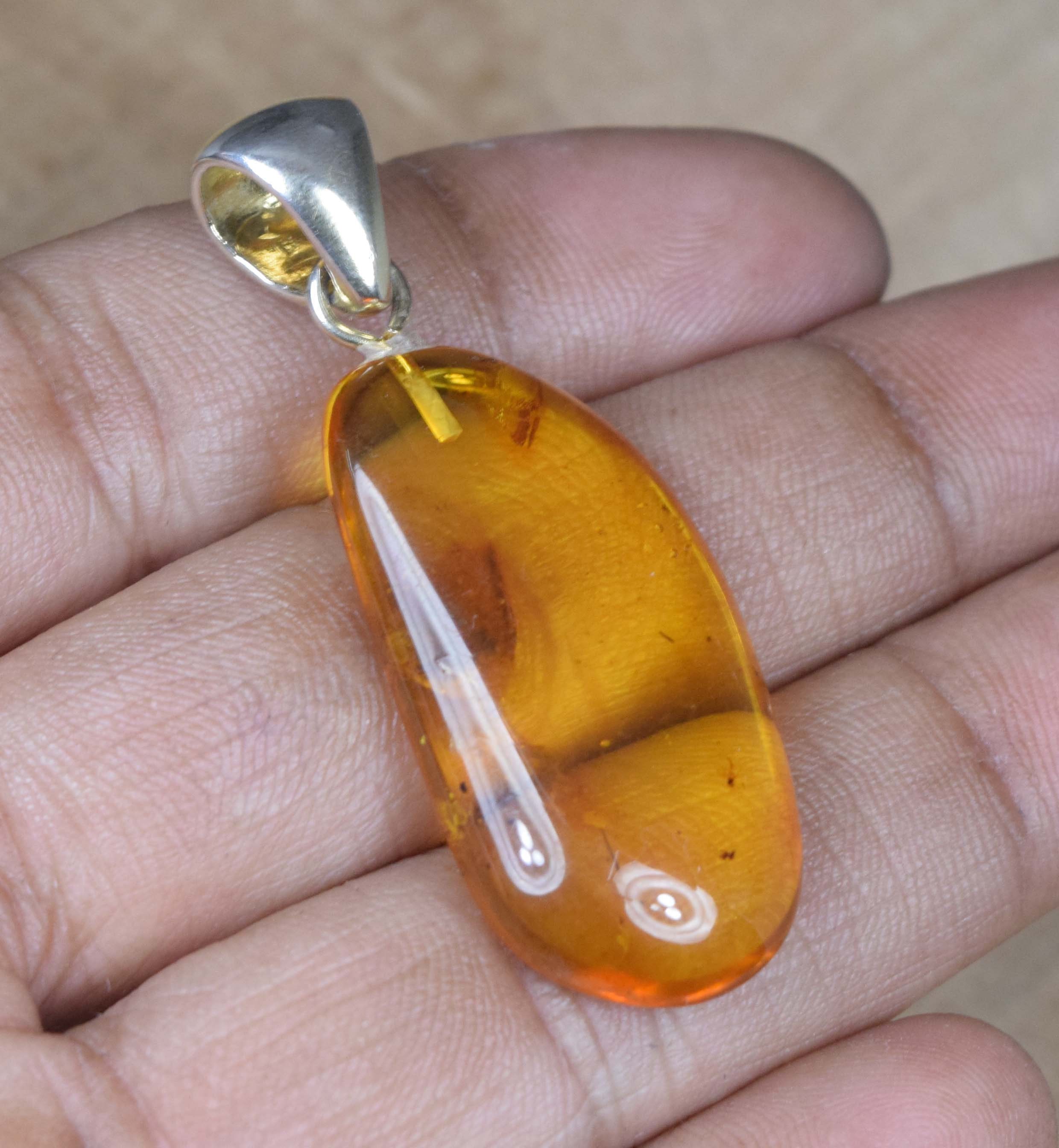Insect Amber Pendant: 925 Sterling Silver, Natural Gemstone Jewelry
