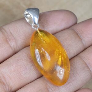 Insect Amber 925 Sterling Silver Pendant: Natural Gemstone Jewelry