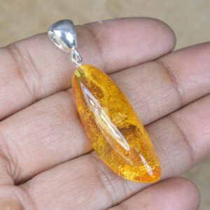 Insect Amber 925 Sterling Silver Pendant: Natural Gemstone Jewelry
