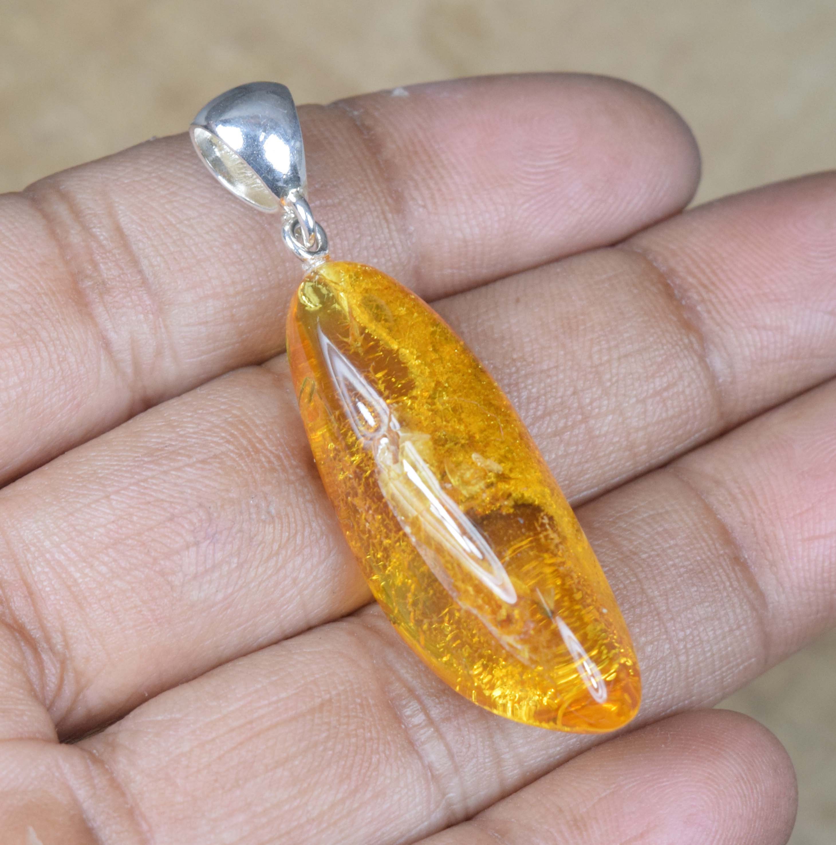 Insect Amber 925 Sterling Silver Pendant: Natural Gemstone Jewelry