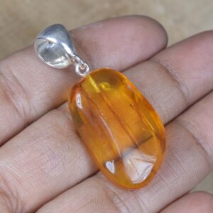 Insect Amber 925 Sterling Silver Pendant: Natural Gemstone Jewelry
