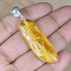 Insect Amber 925 Sterling Silver Pendant: Natural Gemstone Jewelry