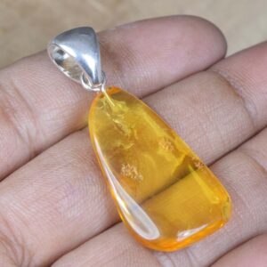 Insect Amber 925 Sterling Silver Pendant: Natural Gemstone Jewelry