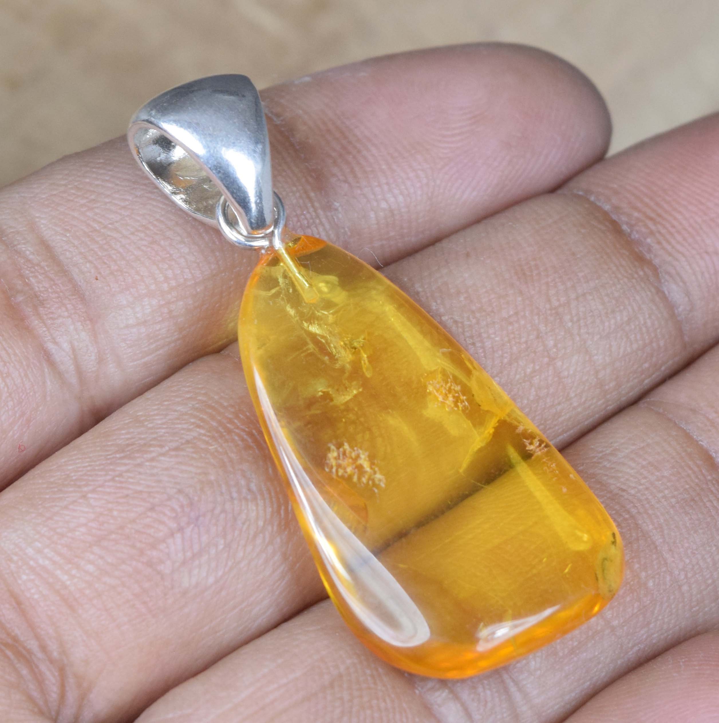 Insect Amber 925 Sterling Silver Pendant: Natural Gemstone Jewelry
