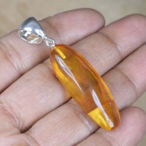 Insect Amber 925 Sterling Silver Pendant: Handmade Gemstone Jewelry