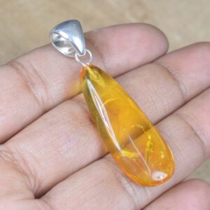 Insect Amber 925 Sterling Silver Pendant: Natural Gemstone Jewelry