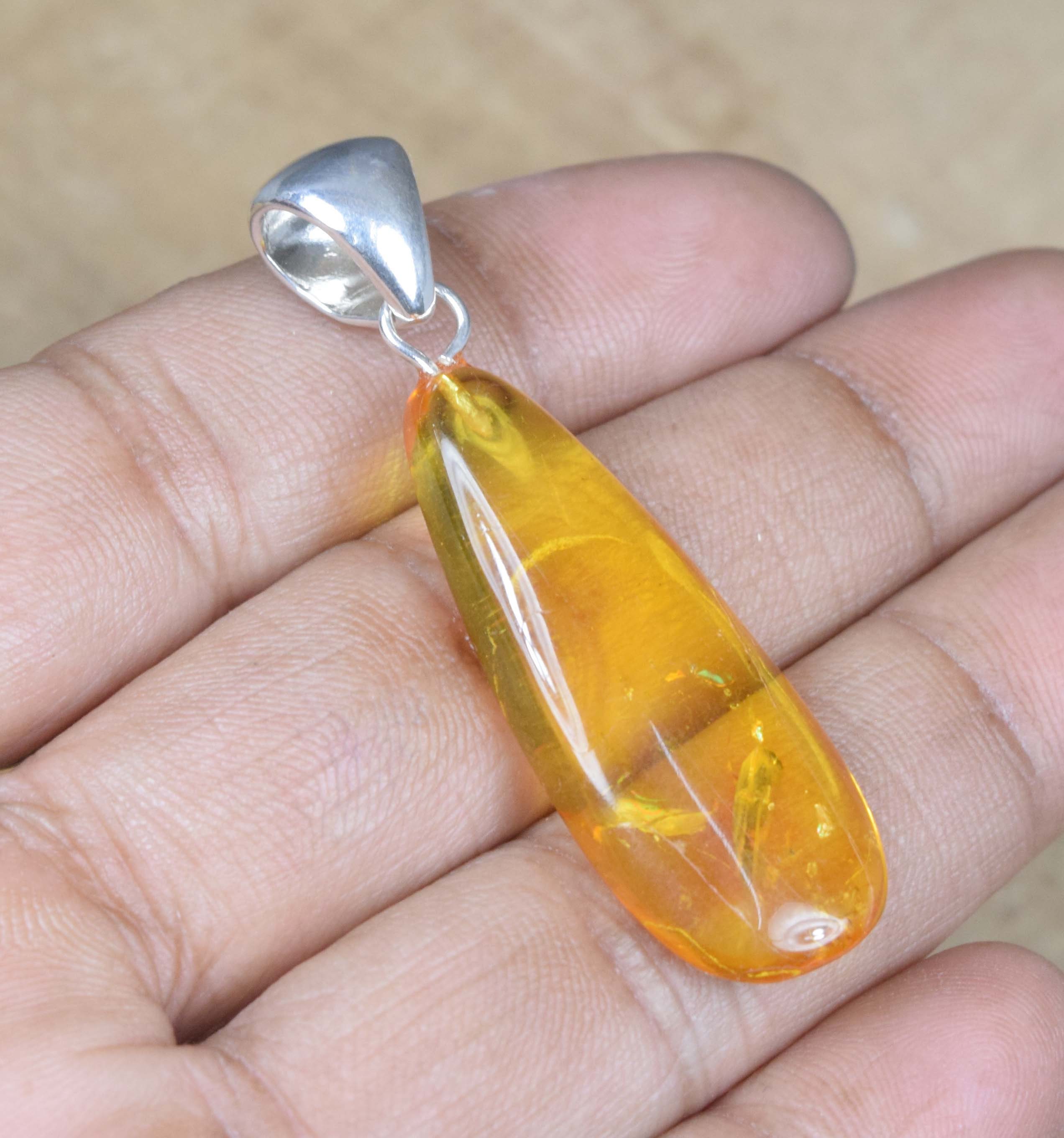 Insect Amber 925 Sterling Silver Pendant: Natural Gemstone Jewelry