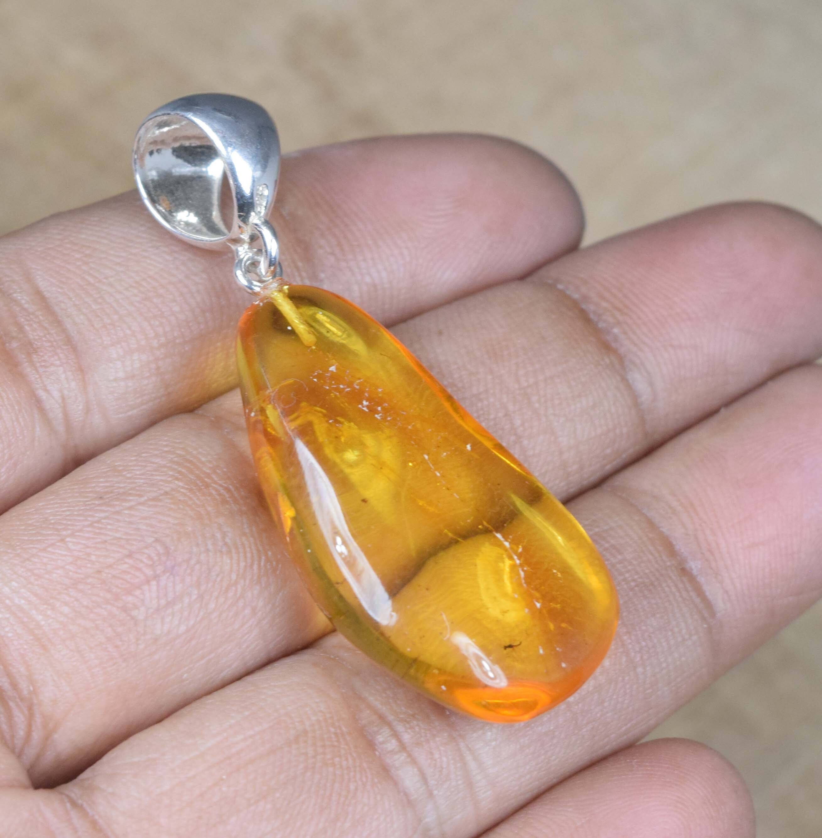 Insect Amber Pendant: 925 Sterling Silver Gemstone Jewelry