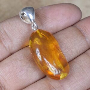 Insect Amber 925 Sterling Silver Pendant: Natural Gemstone Jewelry