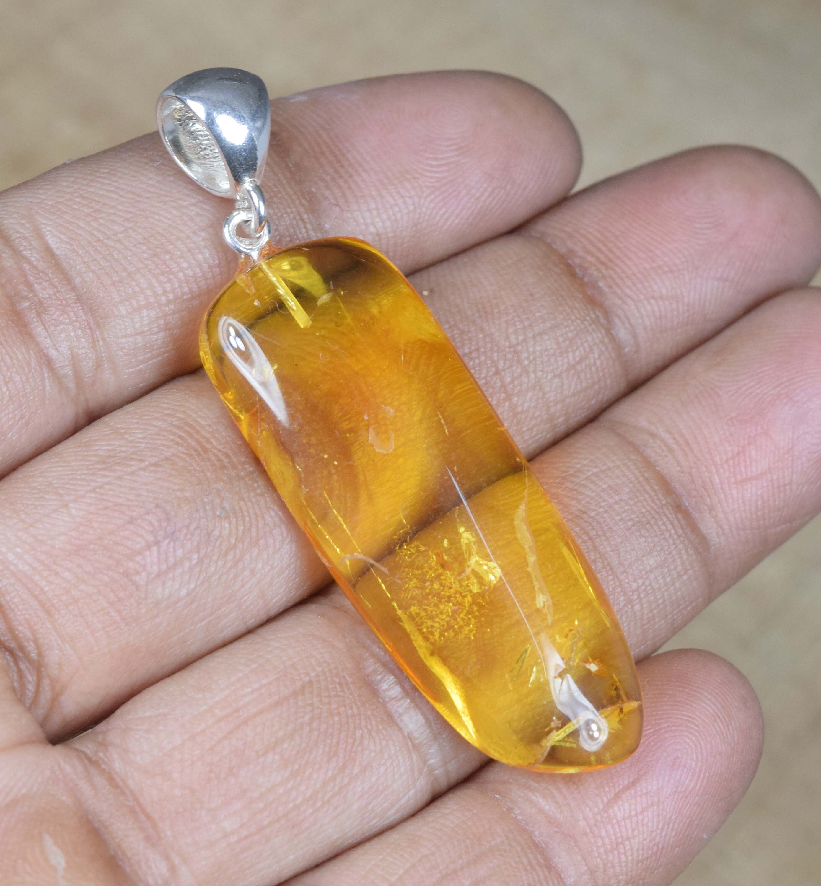 Insect Amber Pendant: 925 Sterling Silver, Natural Gemstone Jewelry