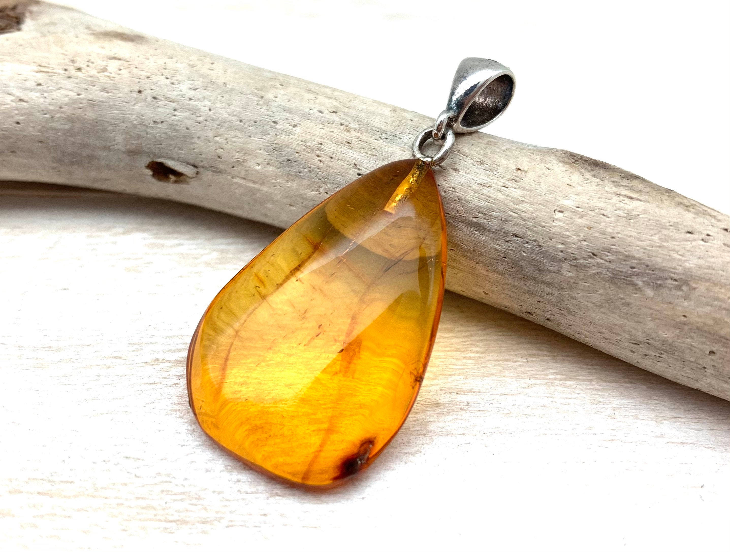 Whisky Amber Pendant With Insect Inclusion, 925 Sterling Silver