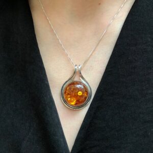 Natural Amber Pendant, Large Amber Pendant, Amber Pendant, Round Yellow Pendant, Genuine Amber Pendant, Large Amber, Big Silver Pendant