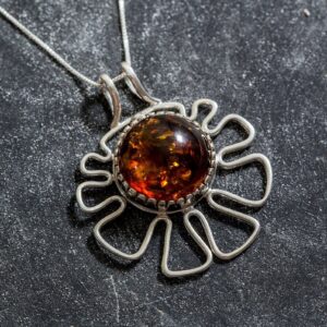 Amber Pendant, Natural Amber Necklace, Amber Flower Pendant, Statement Amber Necklace, Round Amber Pendant, Silver Necklace, Rare By Adina