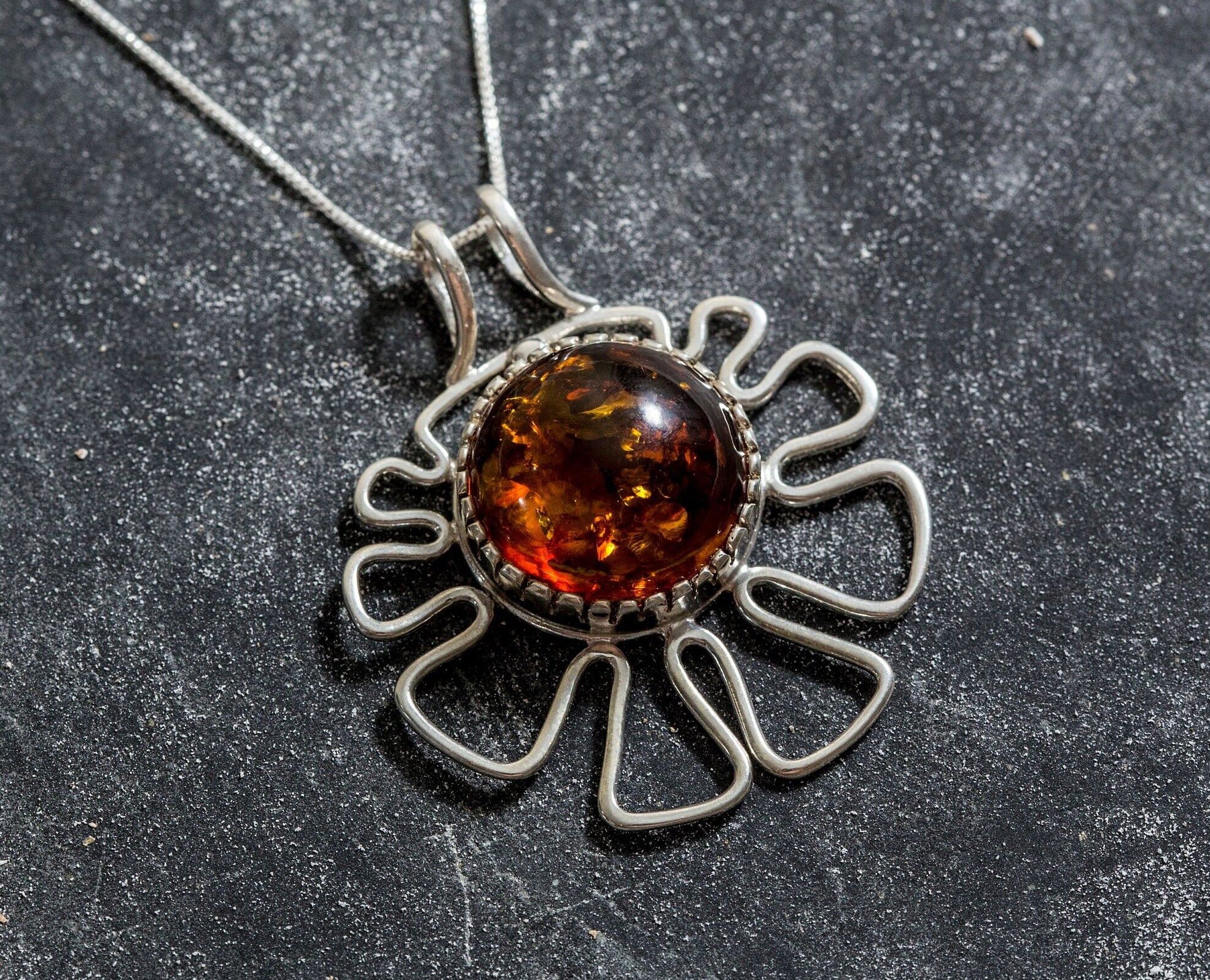 Amber Pendant, Natural Amber Necklace, Amber Flower Pendant, Statement Amber Necklace, Round Amber Pendant, Silver Necklace, Rare By Adina