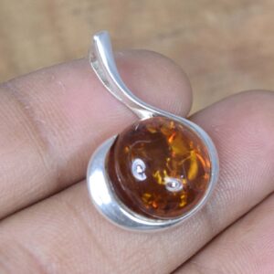 Natural Amber Sterling Silver Pendant: Round Gemstone, Handmade Jewelry