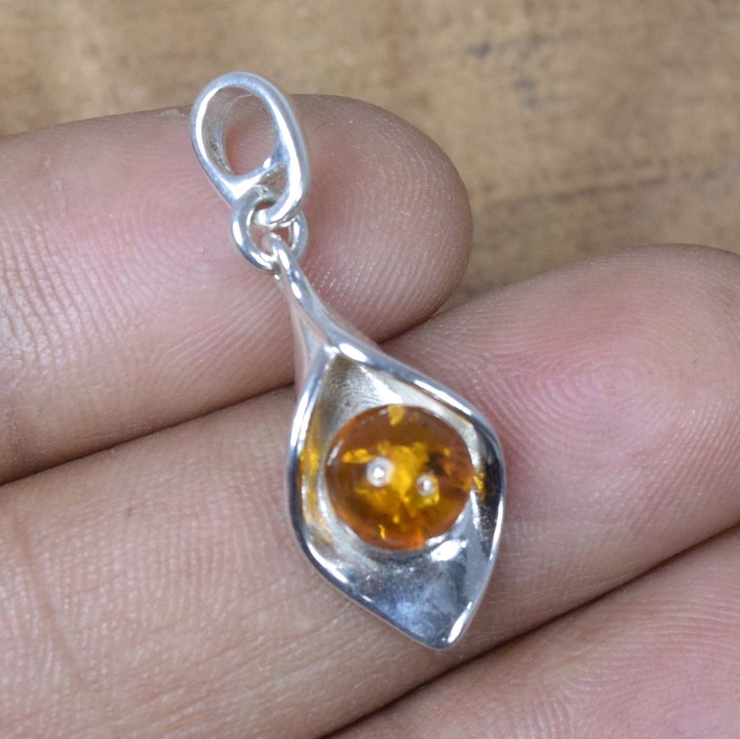 Natural Amber Sterling Silver Pendant: Handmade Gemstone Jewelry