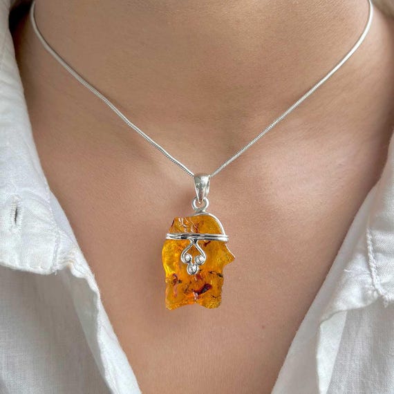 Raw Amber Pendant Necklace / 925 Sterling Silver / Healing Gemstone / Gifts For Her / Fancy  / Raw Amber Statement Jewellery / Amb-p-10.