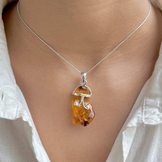 Raw Amber Pendant Necklace / 925 Sterling Silver / Healing Gemstone / Gifts For Her / Fancy  / Raw Amber Statement Jewellery / Amb-p-34.