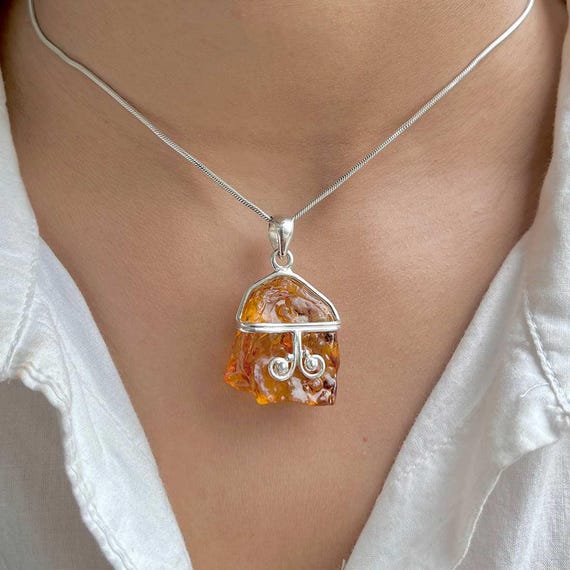 Raw Amber Pendant Necklace / 925 Sterling Silver / Healing Gemstone / Gifts For Her / Fancy  / Raw Amber Statement Jewellery / Amb-p-15.