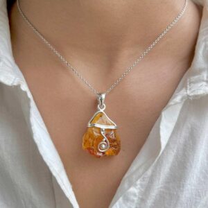 Raw Amber Pendant Necklace / 925 Sterling Silver / Healing Gemstone / Gifts for her / Fancy  / Raw Amber Statement Jewellery / AMB-P-33.