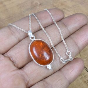 Sterling Silver Amber Pendant Necklace: Oval Gemstone Jewelry