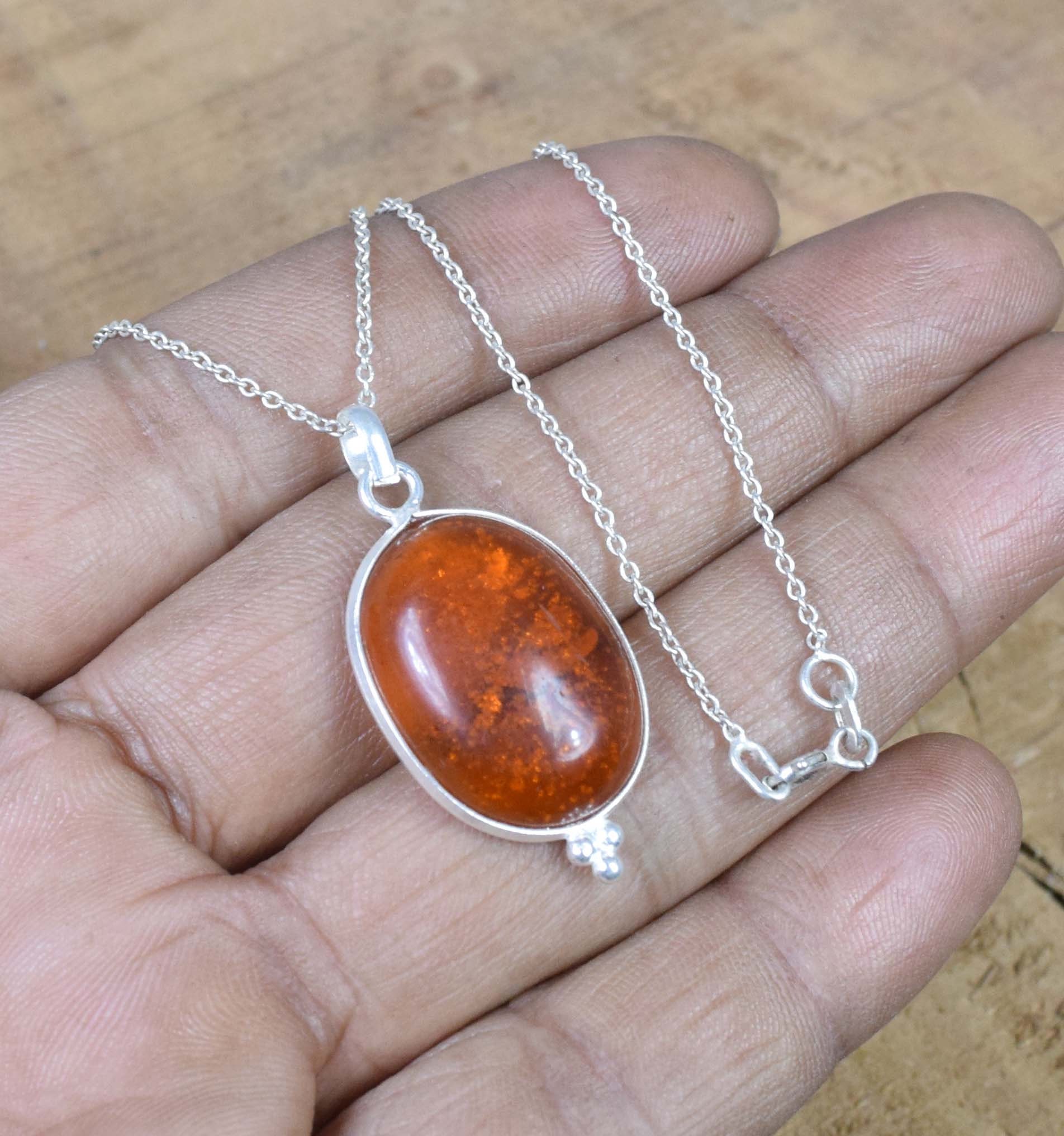 Sterling Silver Amber Pendant Necklace: Oval Gemstone Jewelry