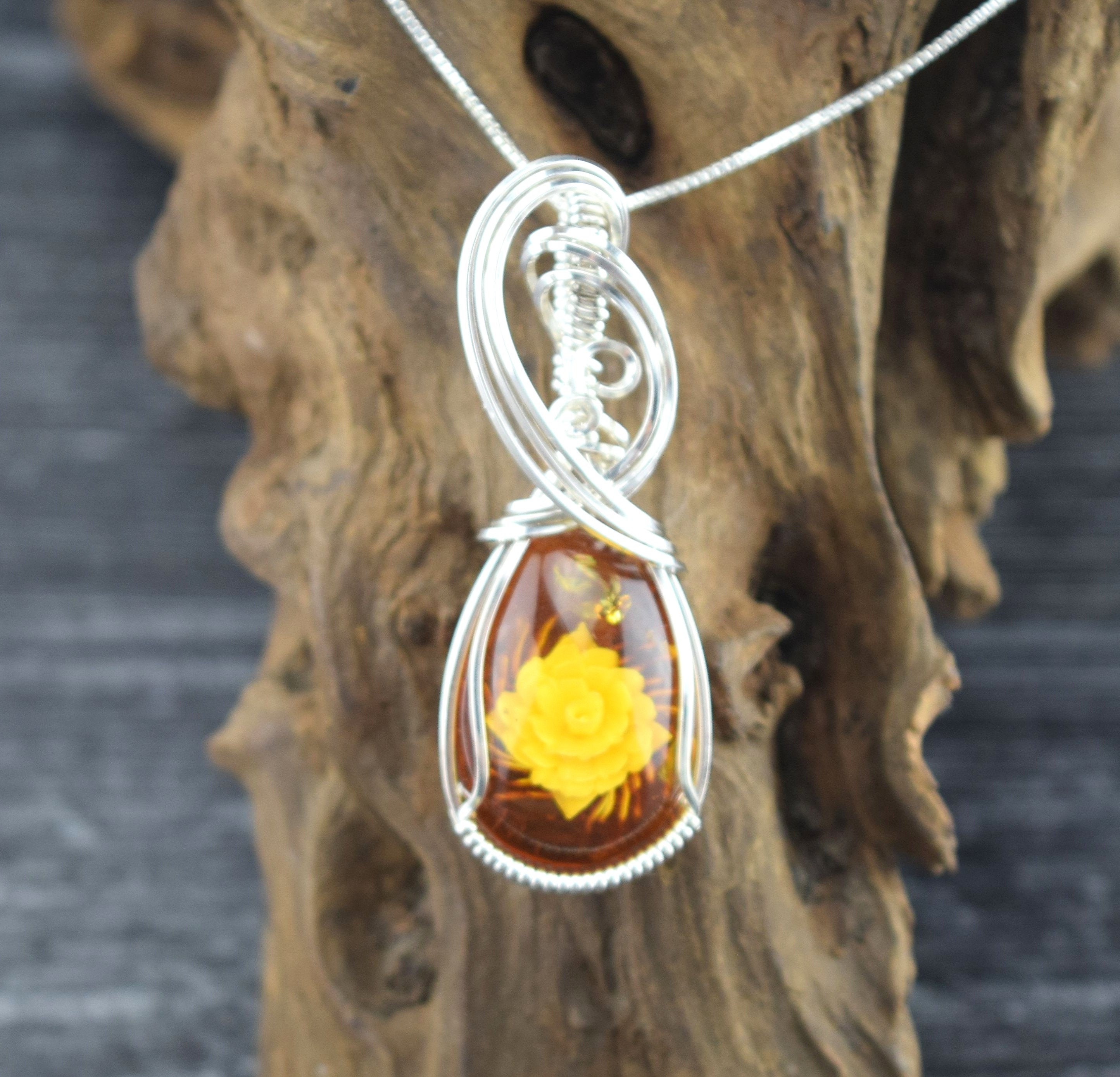 Sterling Silver Wire Wrapped Amber Cameo Pendant