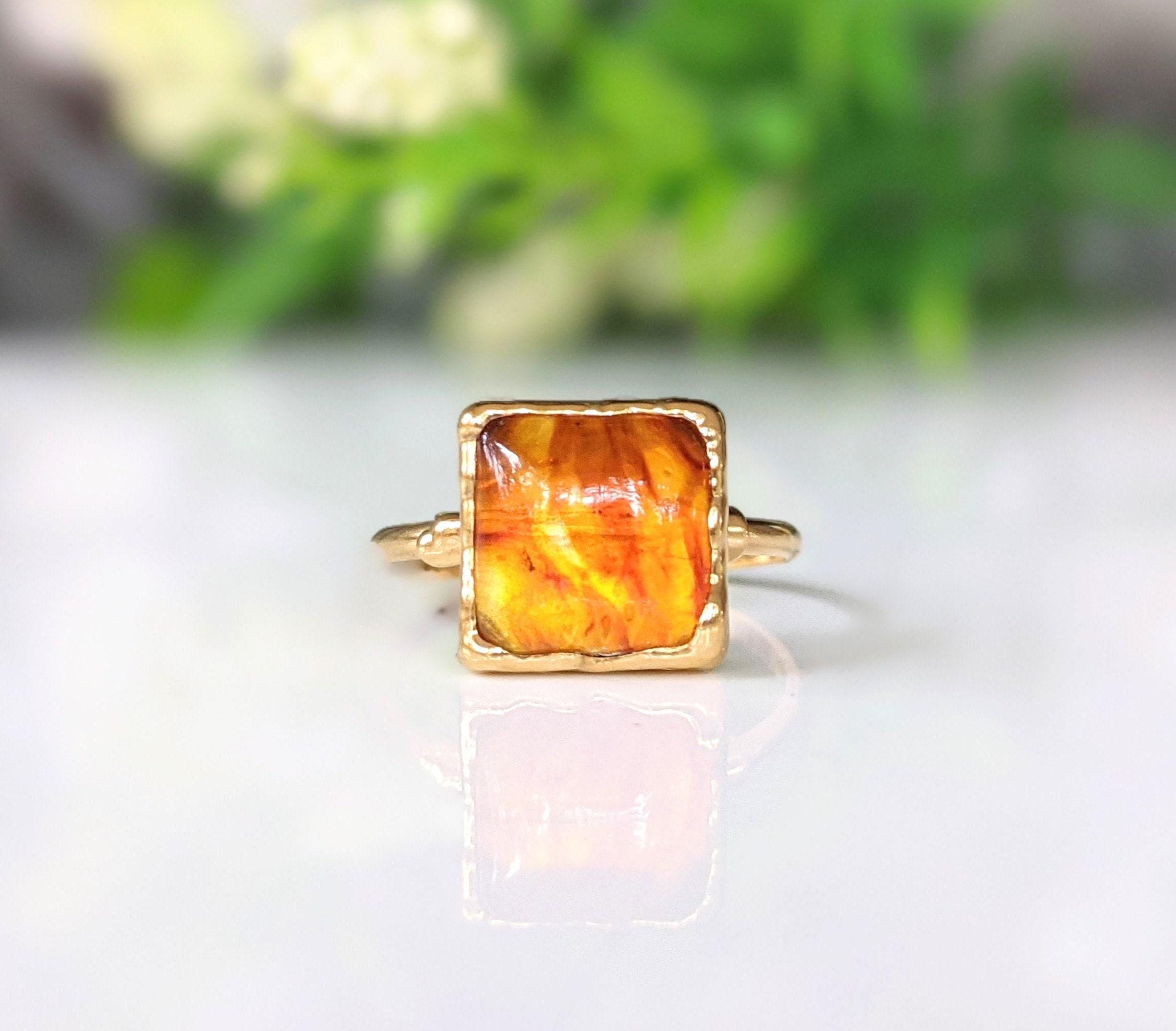 Baltic Amber Ring, Gold Cocktail Ring, Amber Jewelry, Square Stone Ring, Statement Ring, Unique Gift For Her, Girlfriend Gift, Gift For Mom