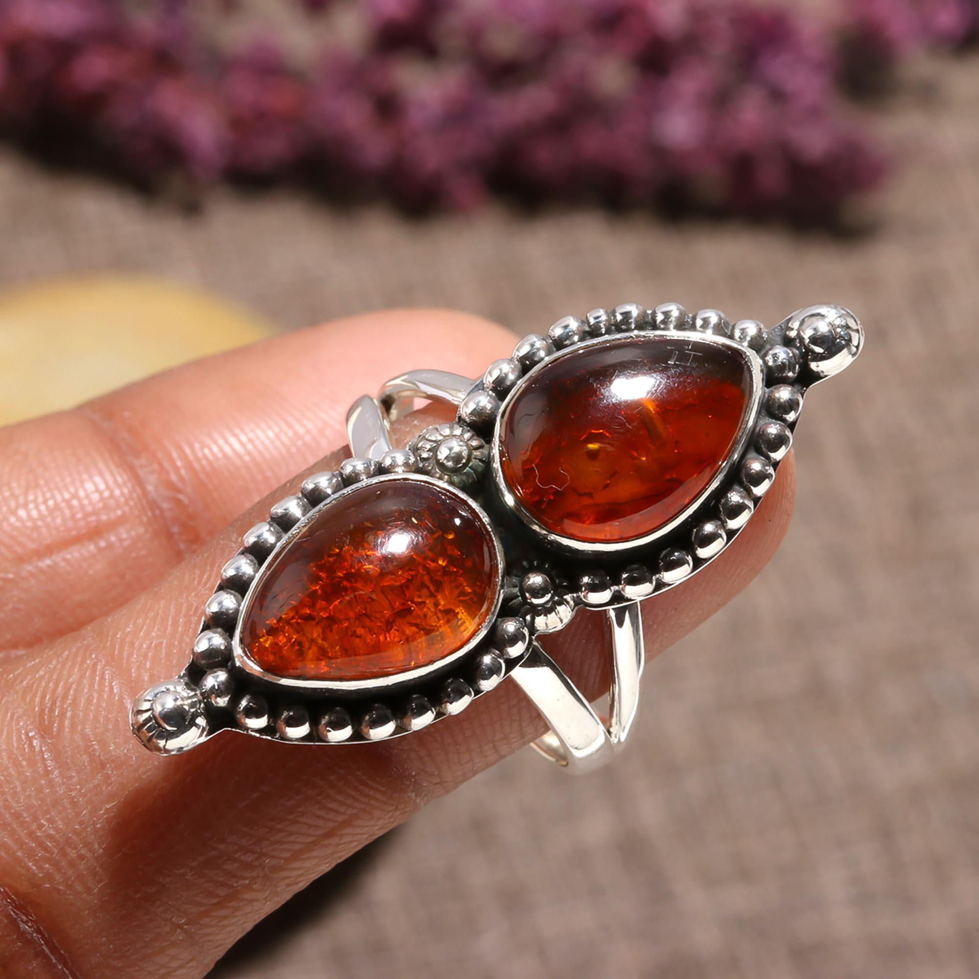 Baltic Amber Sterling Silver Ring - Brown Gemstone Statement Ring