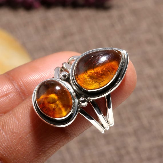 Baltic Amber Sterling Silver Ring - Brown Gemstone Statement Ring Baltic Amber Sterling Silver Ring - Brown Gemstone Statement Ring