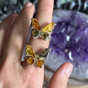 Amber Butterfly Ring: .925 Sterling Silver Adjustable Band