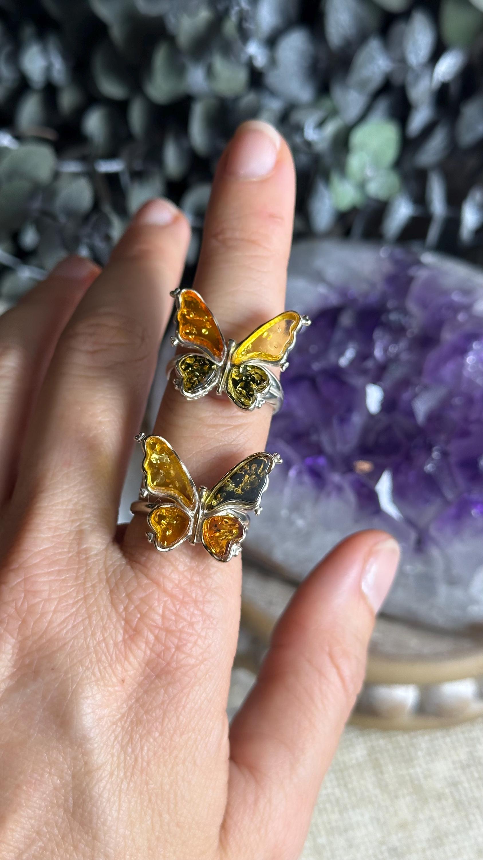 Amber Butterfly Ring: .925 Sterling Silver Adjustable Band
