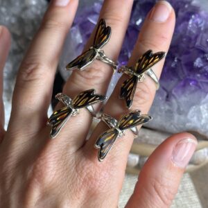 Amber Dragonfly Ring: .925 Sterling Silver Adjustable Band