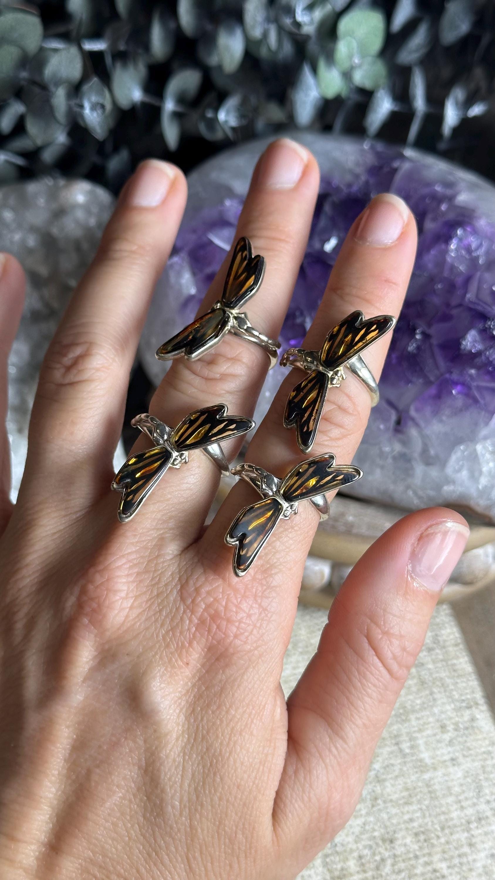 Amber Dragonfly Ring: .925 Sterling Silver Adjustable Band