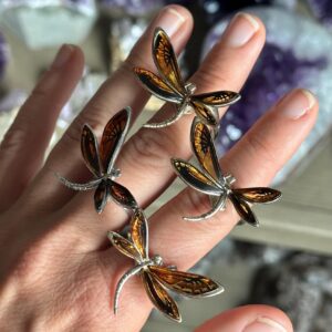 Amber Dragonfly Ring: .925 Sterling Silver Adjustable Band