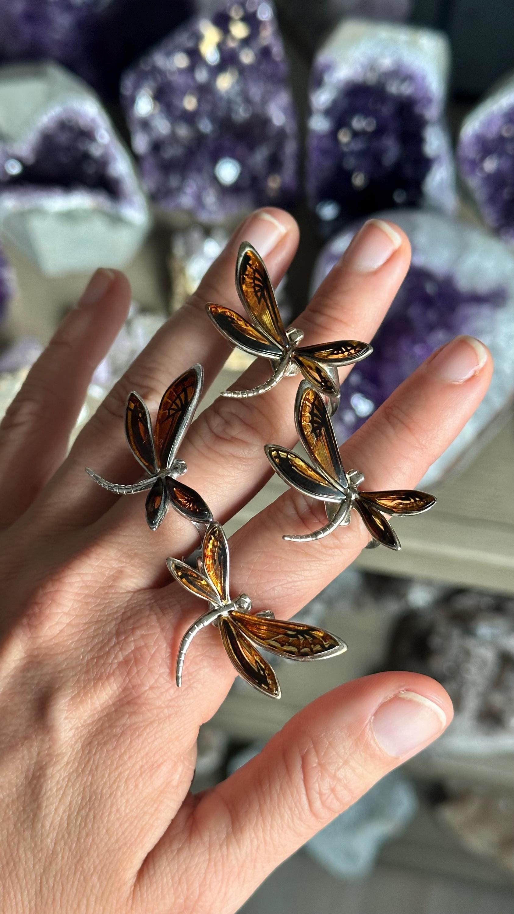 Amber Dragonfly Ring: .925 Sterling Silver Adjustable Band Amber Dragonfly Ring: .925 Sterling Silver Adjustable Band