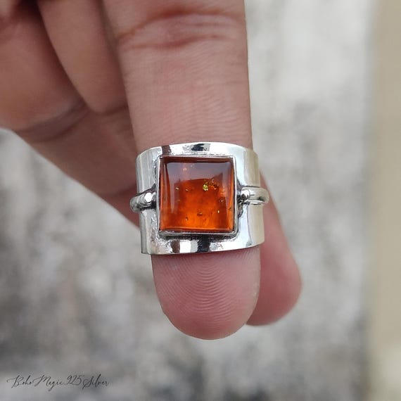 Amber Gemstone Ring, 925 Silver Handcrafted Jewelry, Statement Band Ring Amber Gemstone Ring, 925 Silver Handcrafted Jewelry, Statement Band Ring
