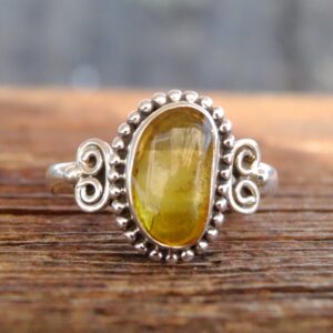 Handmade Baltic Amber Ring: Raw Yellow-green Stone, Sterling Silver, Size 8