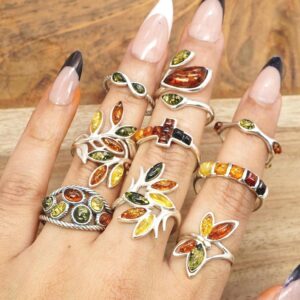 Handmade Multi-Color Baltic Amber Ring: 925 Sterling Silver Boho Jewelry