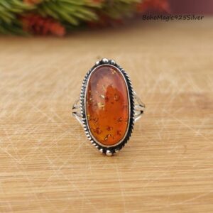 Handmade Sterling Silver Baltic Amber Ring: Bohemian Statement Jewelry
