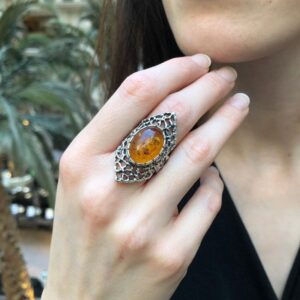 Large Amber Ring, Natural Amber Ring, Statement Ring, Vintage Ring, Long Ring, Yellow Ring, Artistic Ring, Bohemian Ring, Solid Silver Ring