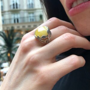Milky Amber Ring, Natural Amber Ring, Statement Ring, Yellow Ring, Leaf Ring, Artistic Ring, Flower Ring, Taurus Ring, Solid Silver Ring