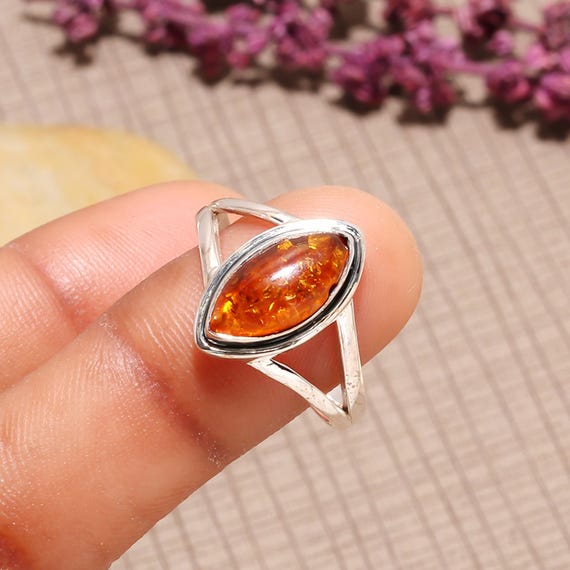 Natural Baltic Amber Ring: Marquise 925 Sterling Silver, Handmade