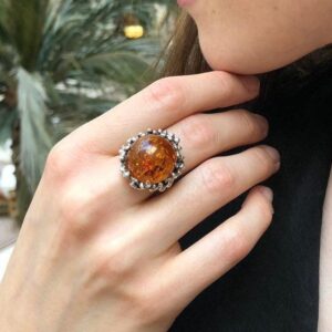Amber Ring, Natural Amber, Genuine Amber, Taurus Birthstone, Round Vintage Ring, Brown Amber Ring, Big Amber Ring, Solid Silver Ring, Amber
