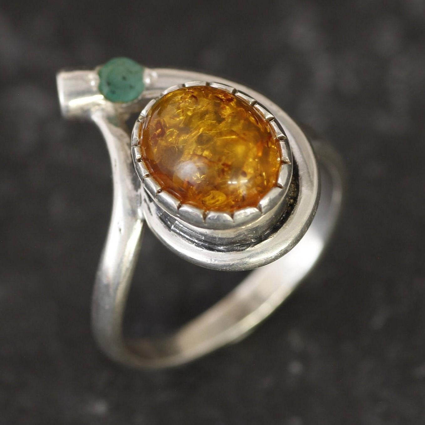 Amber Ring, Natural Amber Ring, Silver Teardrop Ring, Yellow Gemstone Ring, Vintage Amber Ring, For Her, Rare By Adina