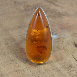 Pear Shape Yellow Amber Ring – 925 Sterling Silver, US Size 8