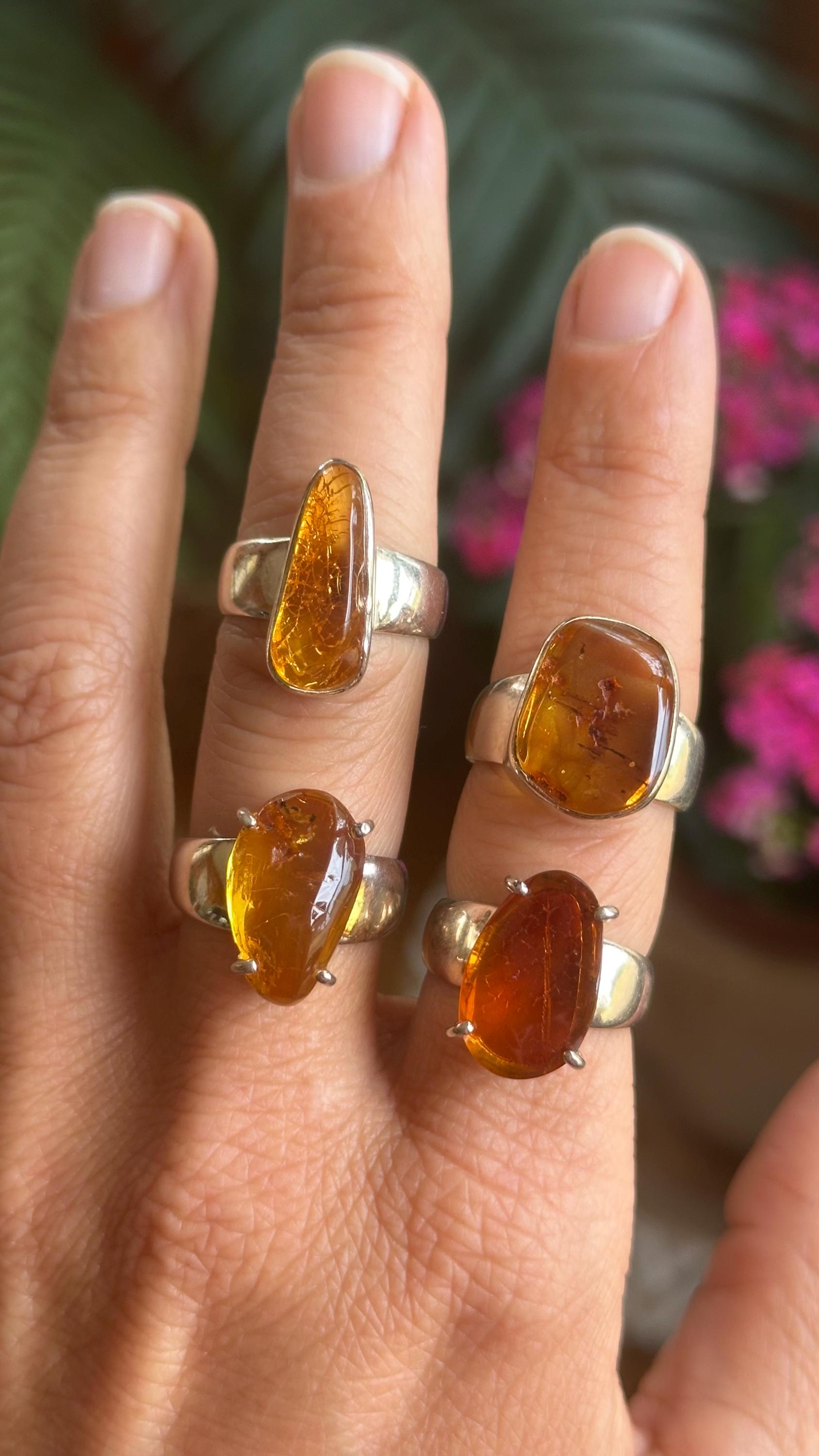 Size 7 Large Baltic Amber Ring, .925 Sterling Silver