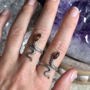 Amber Snake Ring: .925 Sterling Silver Adjustable Band